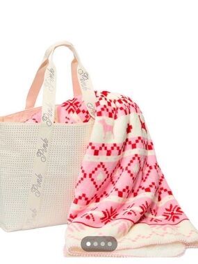 NWT PINK Victoria's Secret Pink & Cream Patterned Tote with Cozy Throw